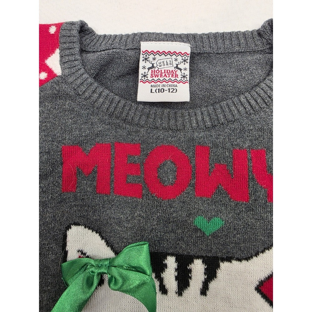 Well Worn Holiday Sweater Girl's Meowy Christmas Long Sleeve Sweater. Size 10-12 - Picture 3 of 10